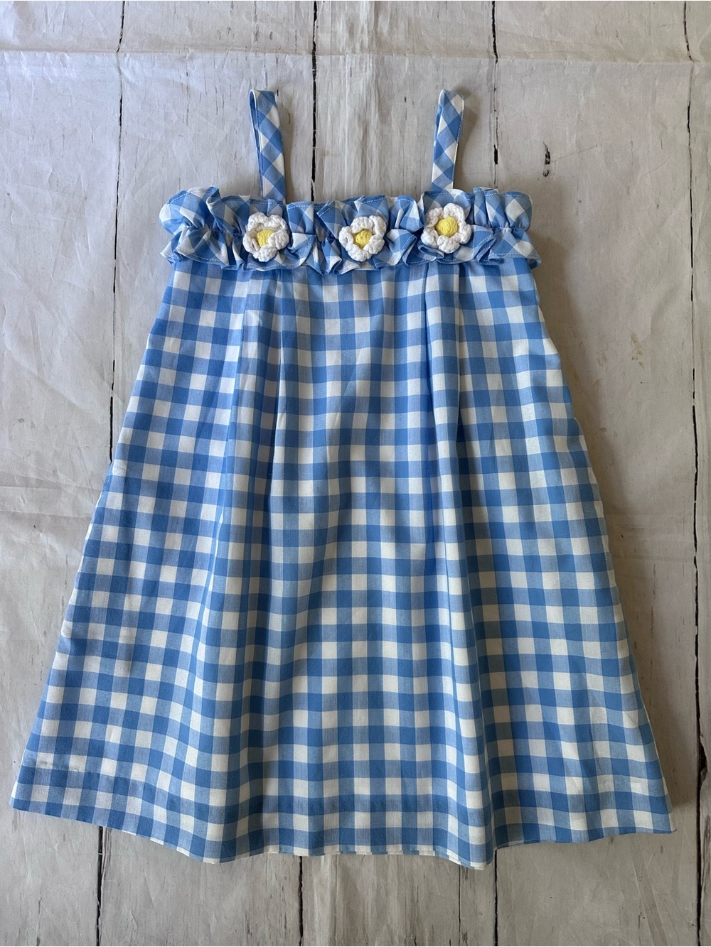 Girls Blue and White Gingham Sundress with Floral Trim